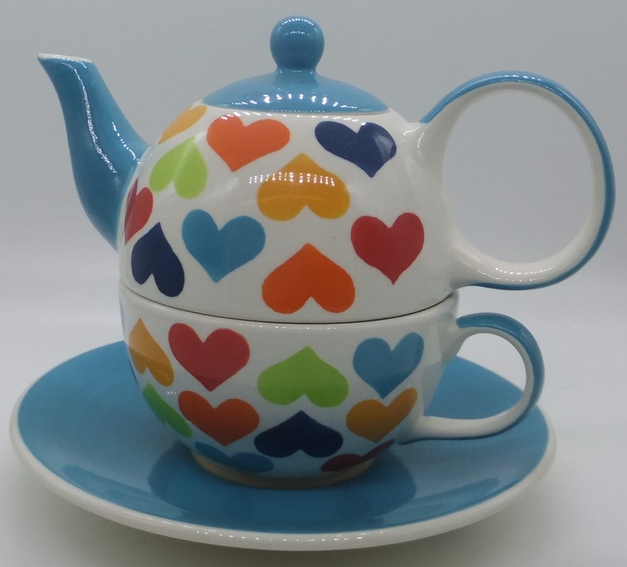 Whittard of Chelsea -Tea for One - Hearts -Teapot, Cup and Saucer
