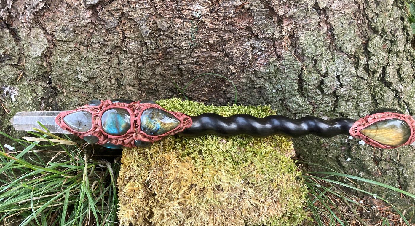 Labradorite and Curled Wood Crystal Wand