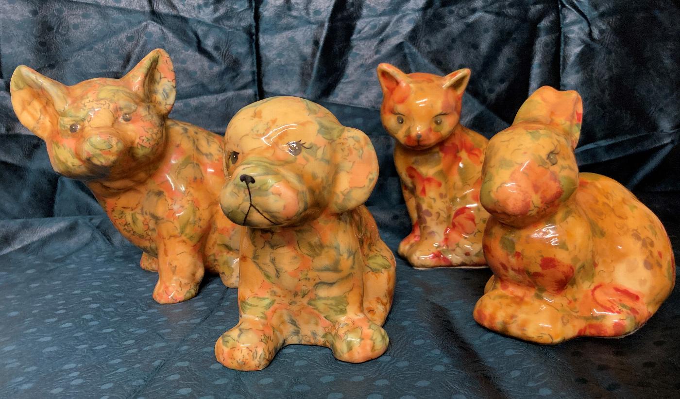 Vintage Decoupage Pottery Cat, Rabbit, Dog and Pig Animals
